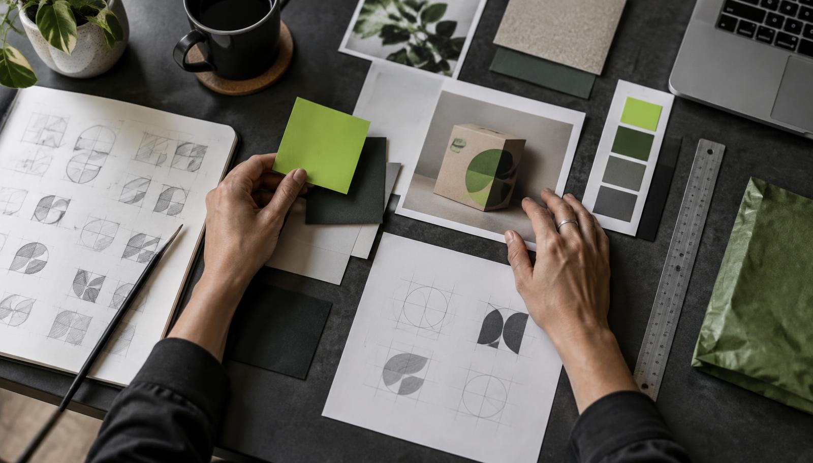 Designer organizando estudos de marca, amostras de cor e materiais gráficos