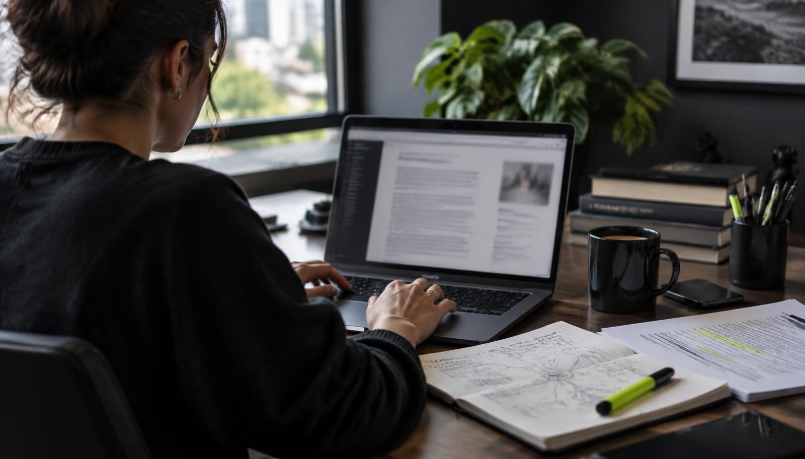Estrategista de conteúdo pesquisando e escrevendo um artigo otimizado para buscas
