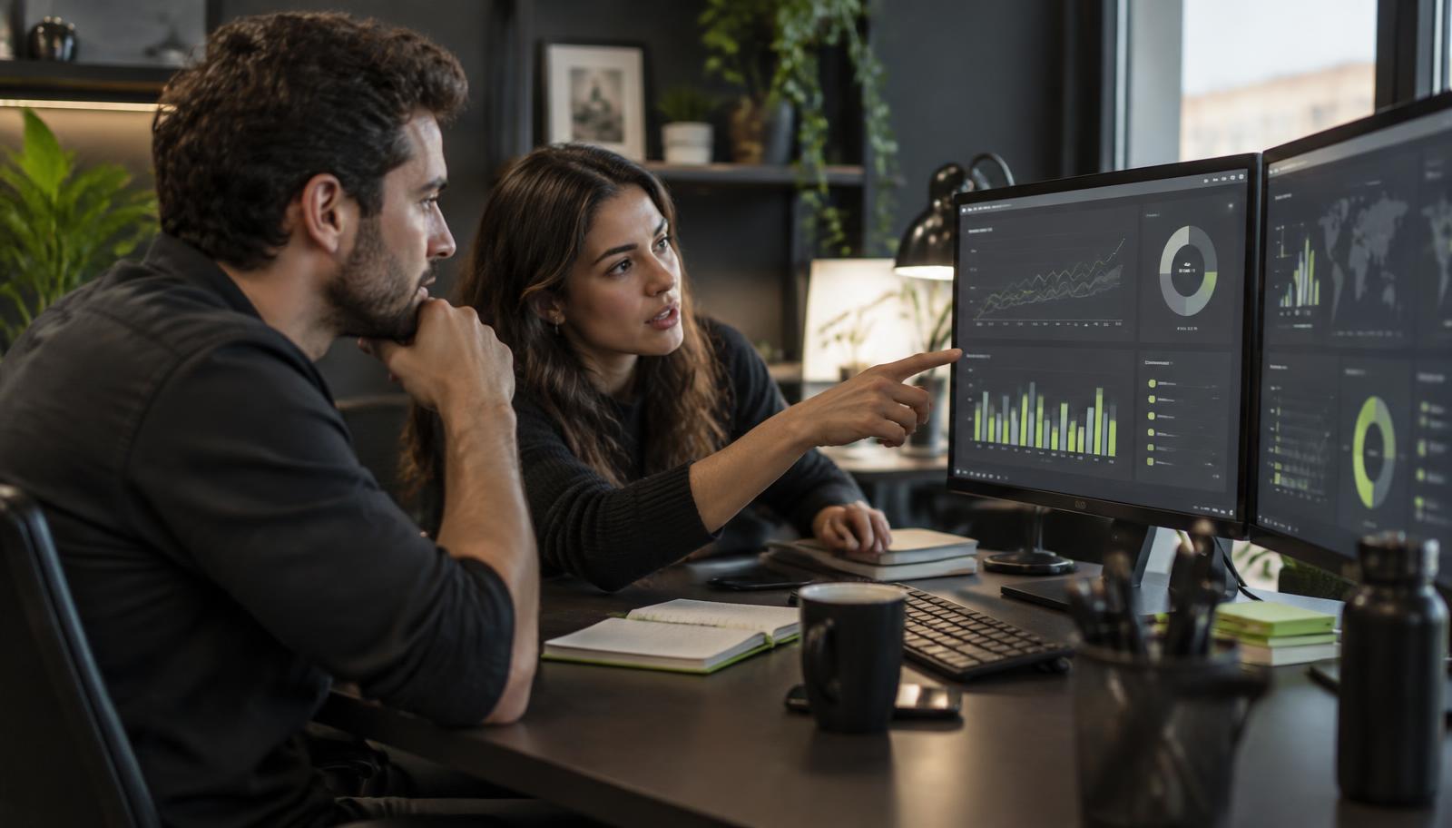 Profissionais analisando resultados de campanhas digitais em monitores