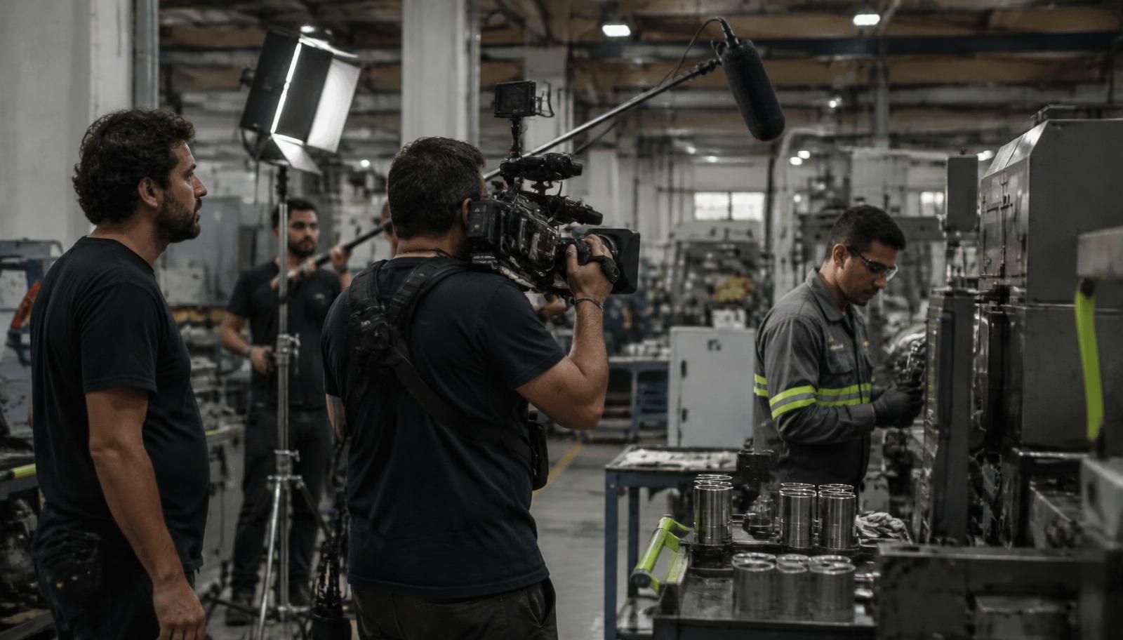 Equipe audiovisual gravando dentro de uma indústria